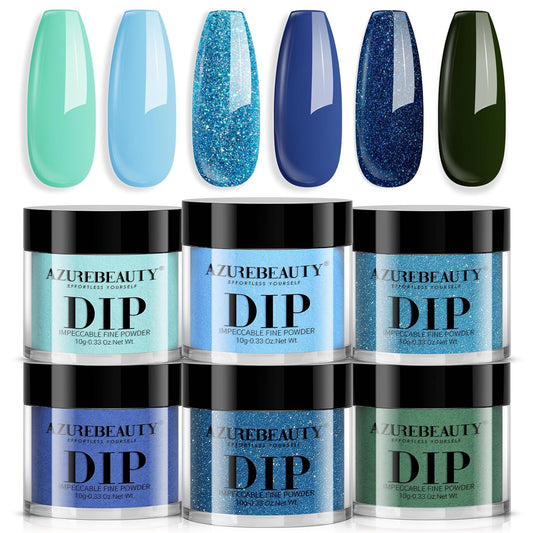 AZUREBEAUTY Dip Powder Nail Set Blue Green Shimmery, All Seasons 6 Colors Dipping Powder Starter Kit French Starry Ocean Banquet Nail Art Manicure DIY Salon Gifts for Women, No Need Nail Lamp Cured