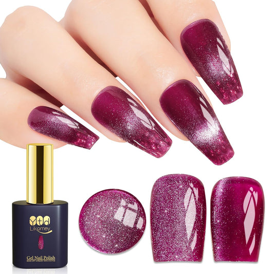 YTD Likomey Cat Eye Gel Nail Polish,15ml Bright Plum Pink Holographic Translucent Neutral Velvet Jelly Sheer Magnetic Dragon Fruit Shimmer Glitter Fall Winter UV Color Varnish with Magnet Stick,MY378