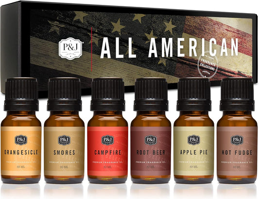 P&J Trading Fragrance Oil All-American Set | Apple Pie, Hot Fudge, Campfire, Root Beer, Orangesicle, and Smores Candle Scents for Candle Making, Freshie Scent, Soap Making, Diffuser Oil Scents