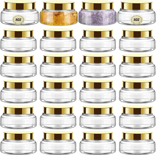 Tessco 24 Pack Plastic Jars with Lids Labels Empty Clear Plastic Jars Round Refillable Cosmetic Containers Body Butter Containers Bulk Sugar Scrub Bottle for Make Up(5 oz,Gold)