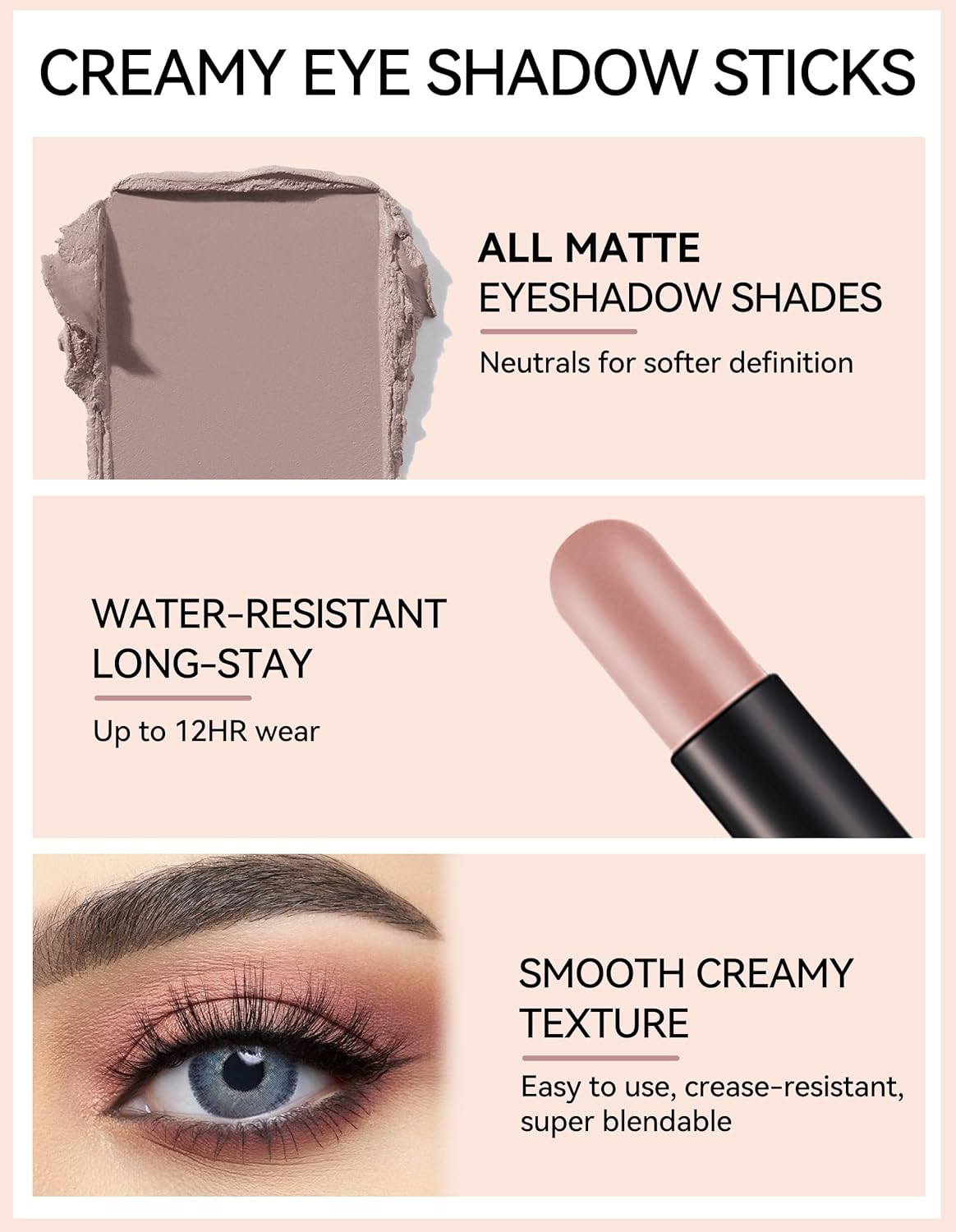 Erinde Waterproof Cream Eyeshadow Stick, Matte Nude Eye Shadow Sticks, Longwear Blendable High Pigmented, Neutral Eye Shadow Sticks for Older Eyes, Smokey Eyeshadow Pencil Crayon, 15 Mocha Matte