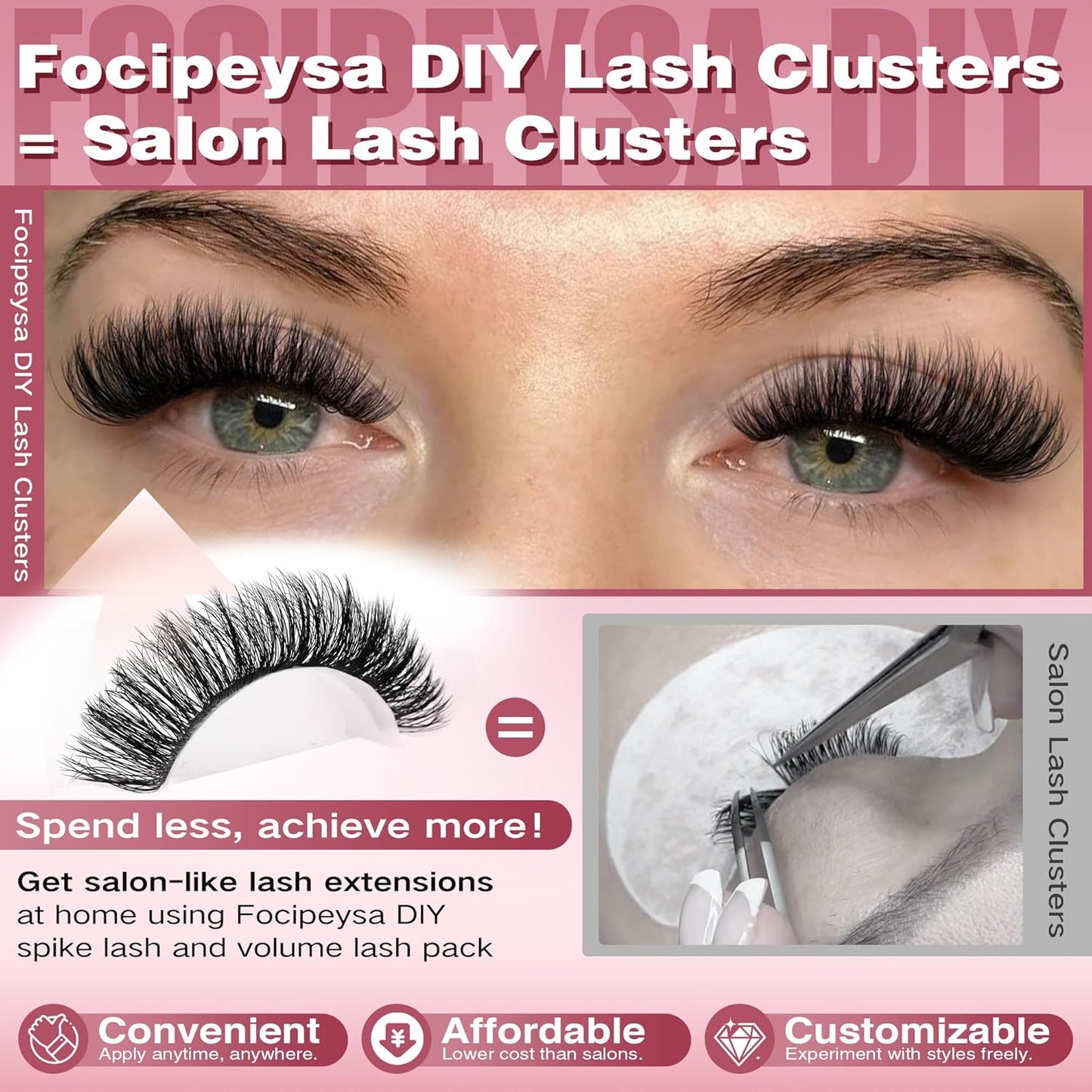 Focipeysa Lash Extension Kit 300pcs Lash Clusters Volume Eyelash Extension 60D 70D 80D Eyelash Clusters 9-16mm DIY Lash Extensions Kit with Waterproof Lash Bond and Seal and Lash Tweezers
