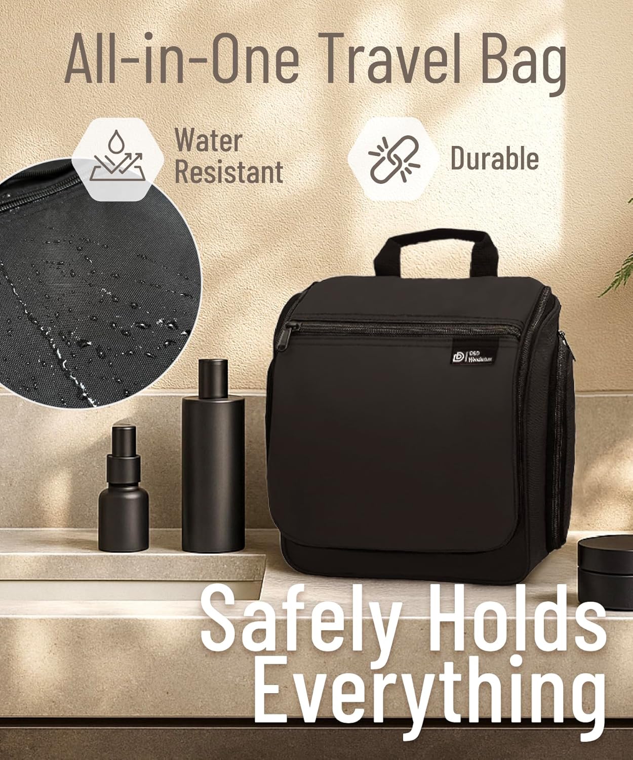 D&D Hanging Travel Toiletry Bag for Men and Women – Large Cosmetics, Makeup and Toiletries Organizer Kit with 10 Compartments, YKK Zippers, XXL Metal Swivel Hook, Water-Resistant Nylon