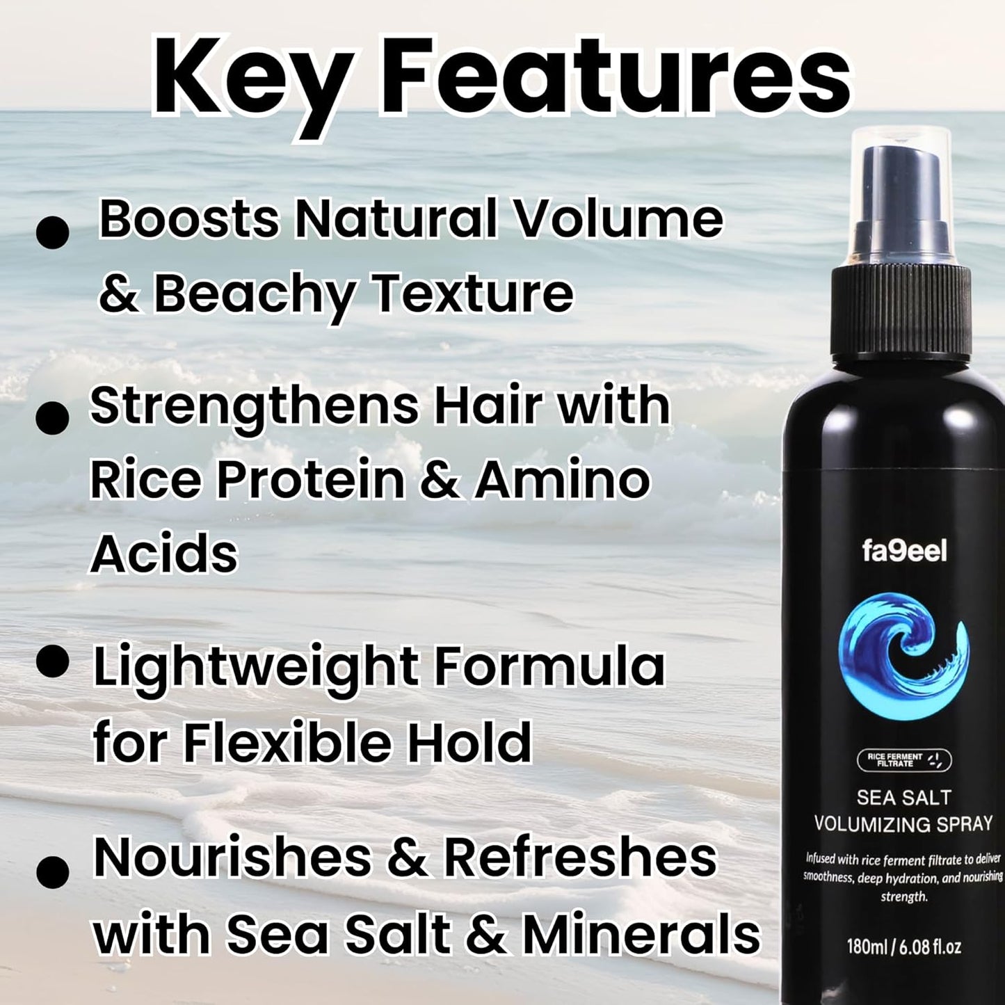 Sea Salt Spray for Hair | Texturizing, Volumizing Hair Mist with Rice Ferment (Rice Protein) and Aloe Vera | Beach Waves, Shine, Lightweight, Non-Greasy Hydration for Men and Women