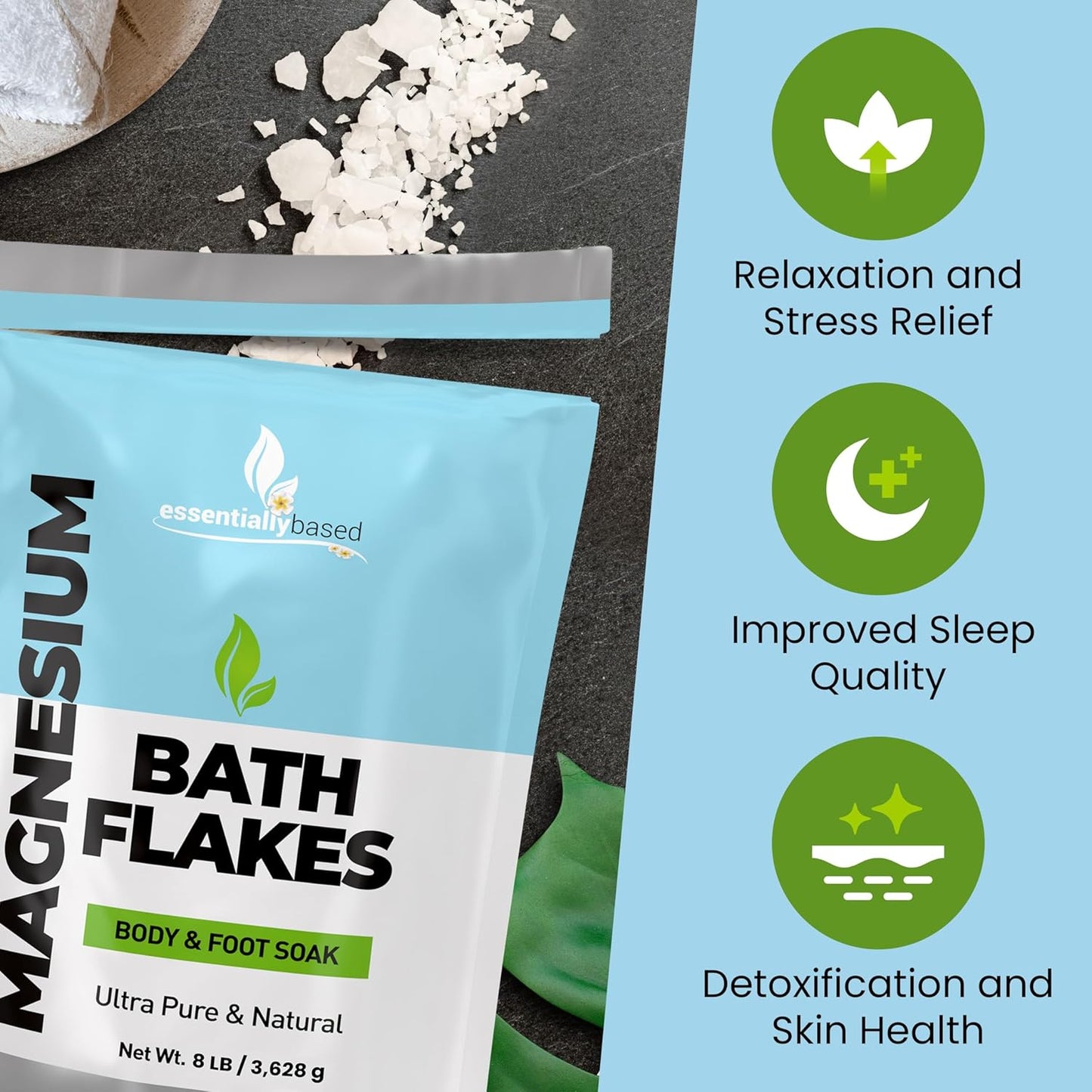 Magnesium Flakes - 8 LB Ultra Pure Magnesium Chloride Flakes in Resealable Pack - Use for Bath Soak or Foot Soak - A Better Alternative to Epsom Salt