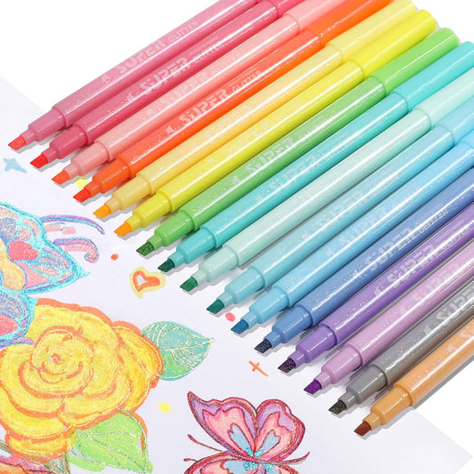 Glitter Highlighter Markers, 16-Count, Chisel Tip Glitter Highlighters Assorted Colors, Tween Teen Girl Gifts Trendy Stuff, Sparkly Marker Pens for Kids Adult Coloring Journaling Art Supplies