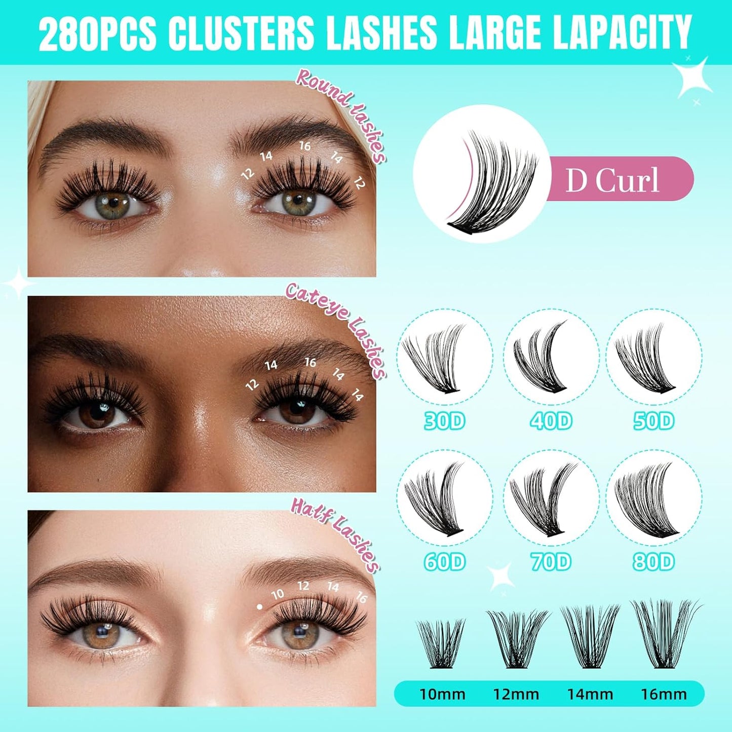 Lash Clusters Wispy 280PCS Eyelash Extension 50D Cluster Lashes Individual Lashes DIY Lash Extension Natural Look Cluster Eyelash Extensions Soft False Eyelashes at Home for Beginners(14mm)