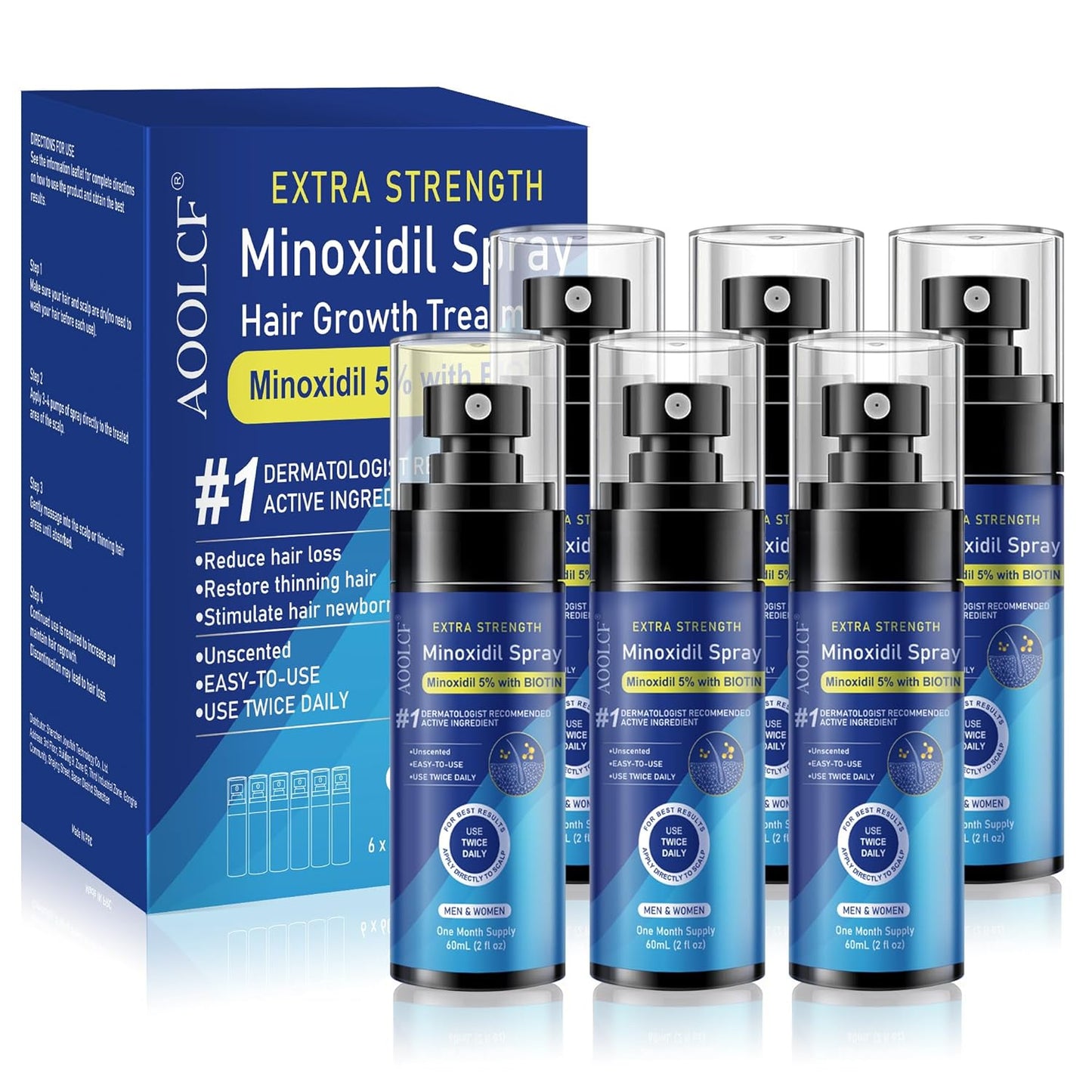 5% Minoxidil Spray for Men and Women, Infused with Biotin, for Hair Regrowth Treatment, Beard Growth, Extra Strength Treatment to Combat Hair Loss and Thinning, 6 Month Supply, 6 Bottles