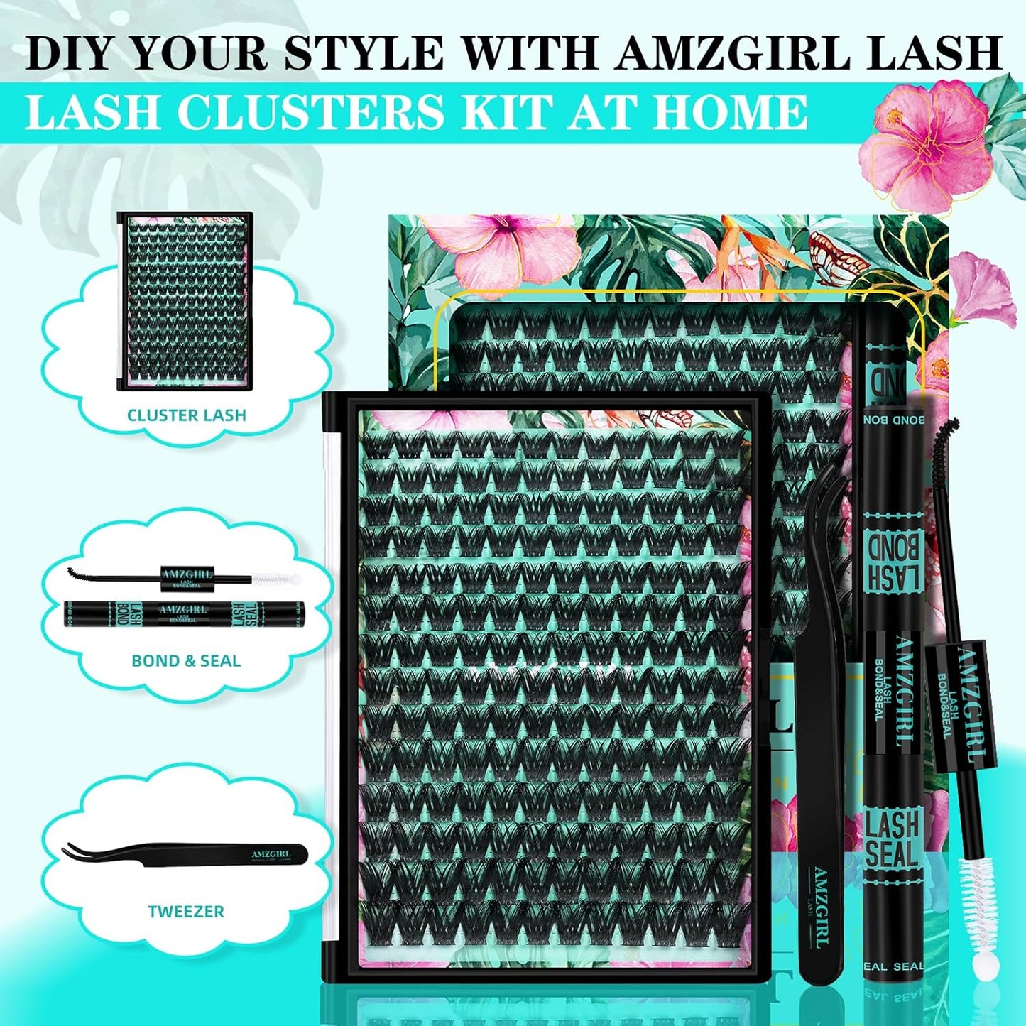 Lash Clusters Kit 168pcs Lash Extension Kit Cluster Lashes Natural Look with Lash Bond and Seal Waterproof, Lash Tweezer with Wet Look Ultra-Thin Band Lashes(Mallow-Kit,D-10-18mm)