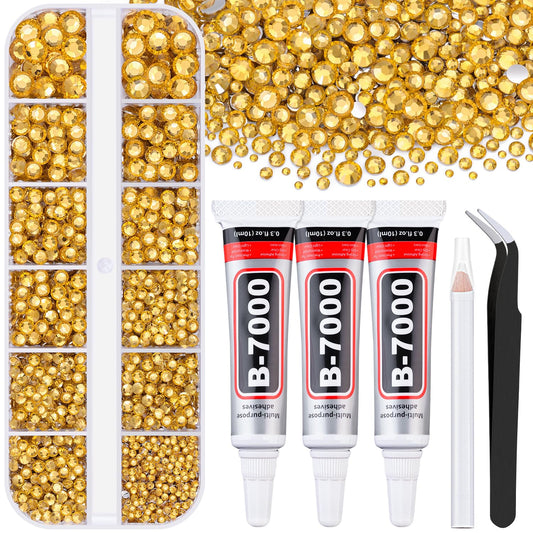 6000Pcs Resin Rhinestones for Bedazzling with 3Pcs B7000 Jewelry Glue, 1 Box Golden Flatback Rhinestones for Crafting Crafts DIY, Crystals Gems for Clothing Shoes Tumblers Nail Art Makeup