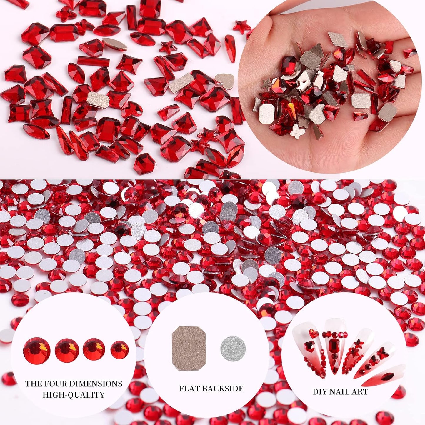 HOINCO 3320Pcs Multi-Shaped Crystal Red Nail Rhinestones & Gems for DIY Nail Art
