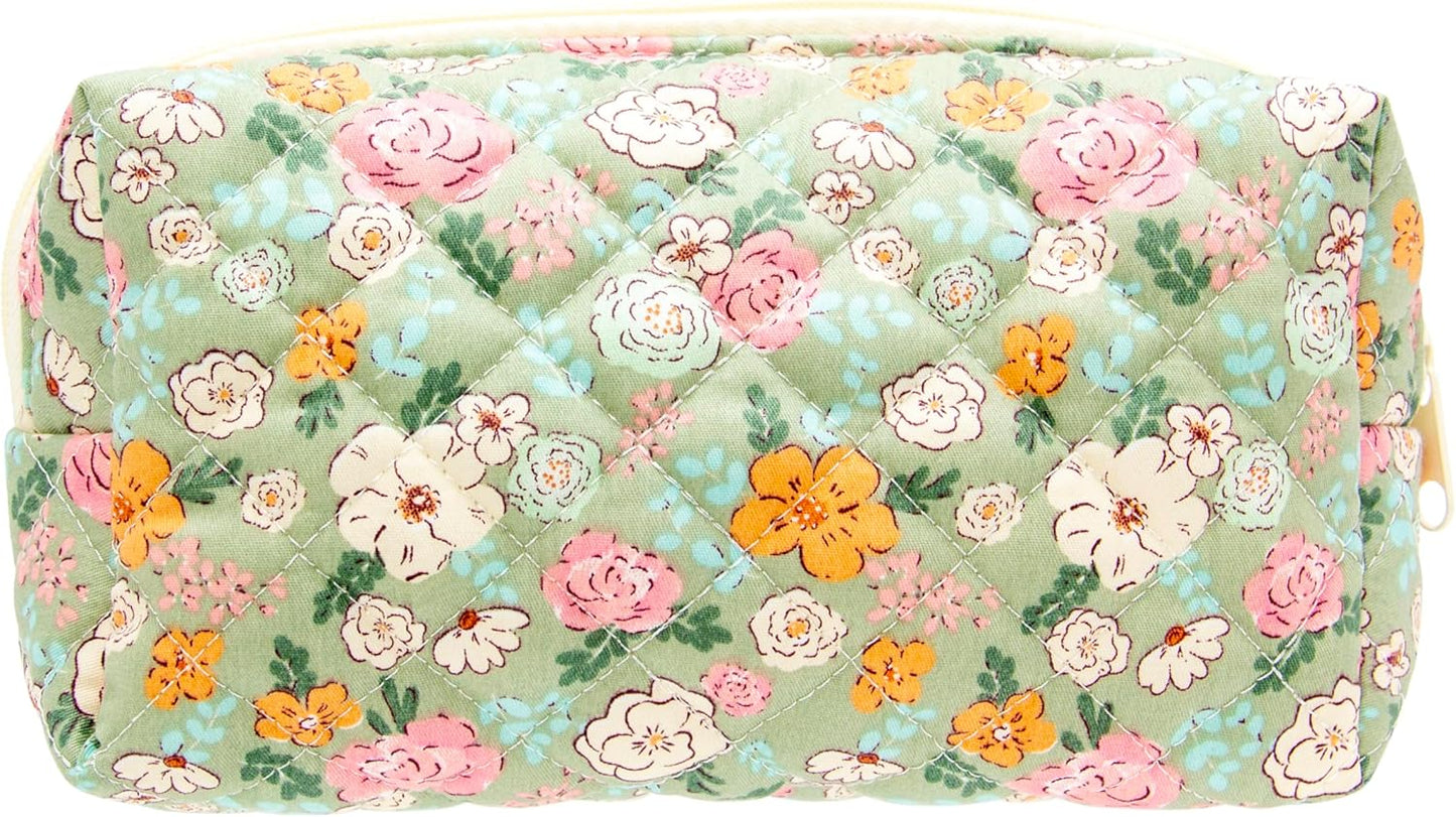 PAZIMIIK Vintage Quilted Makeup Bag Cosmetic Pouch for Brushes Pencils and Travel Make Up Accessories for Women and Girls Floral Green