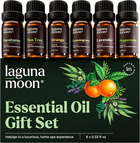 Lagunamoon Essential Oils Set - Top 6 Blends for Diffusers, Home Care, Candle Making Scents, Fragrance, Aromatherapy, Humidifiers, Gifts - Peppermint, Tea Tree, Lavender, Eucalyptus, Orange (10mL)