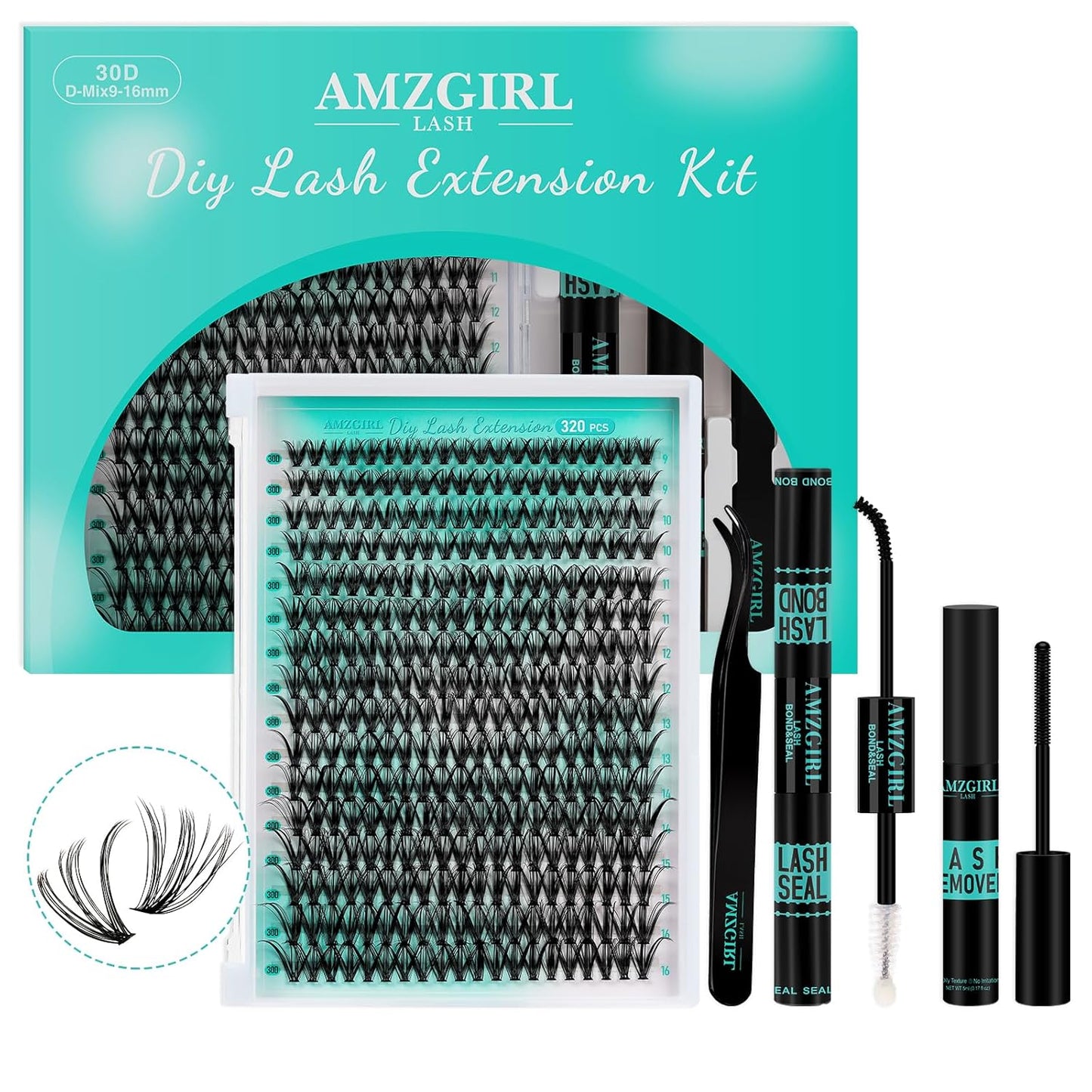 Lash Extension Kit 320Pcs,DIY Individual Lashes Clusters Kit,Lash Bond And Seal,Lash Remover For Eyelashes Extensions,Lash Applicator Tool For False Eyelash Cluster Kit At Home(30D,D-Mix9-16mm Kit)