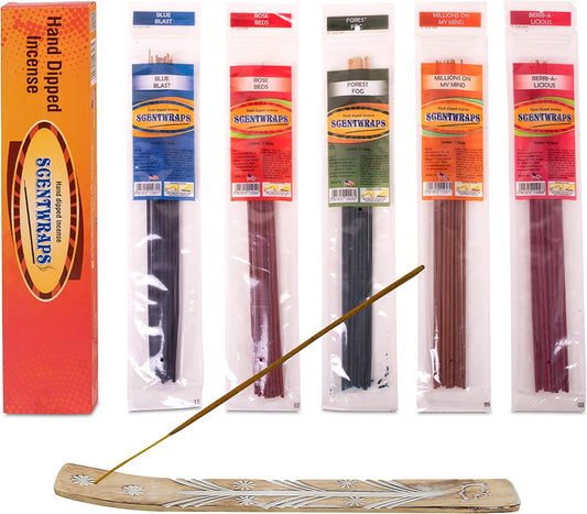 Hem Incense Sticks Variety Pack Set of 5 Packs (12 Stick x 5 Pack,60 Sticks), Hem Scentwrap 11 inches Natural Hand Dipped Insenses with Raajsee Incense Holder Bundle, Free from Chemicals Non Toxic