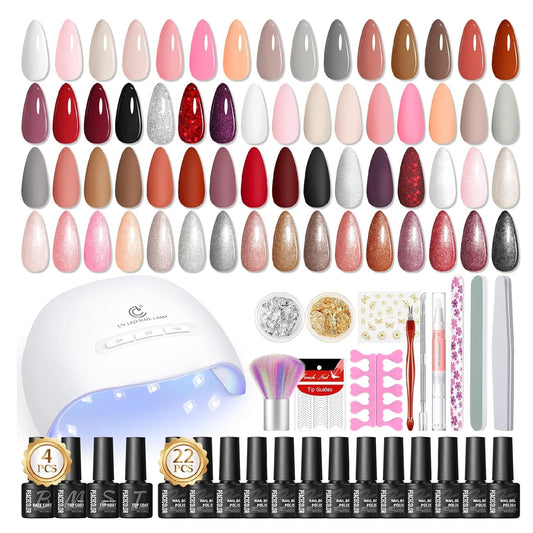 Peacecolor 39pc Gel Nail Polish Kit with U V Light, Pink Brown Nude Dark Red 22 Colors Pastel Gel Polish Kit with Base Top Coat Matte Glossy French Nail Art for Beginners Manicure DIY