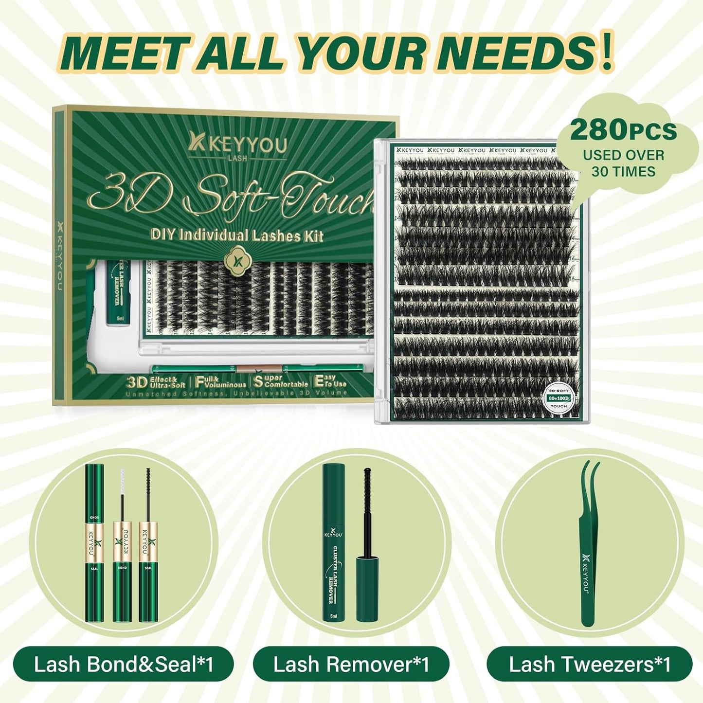 Clusters Kit 3D Effect Eyelash Clusters Kit 280pcs 80D100D 8-16MIX D Curl Individual Lashes Kit Wispy Lashes Volume Cluster Lashes Kit Natural Soft (3D Kit-80D100D-D-8-16MIX)