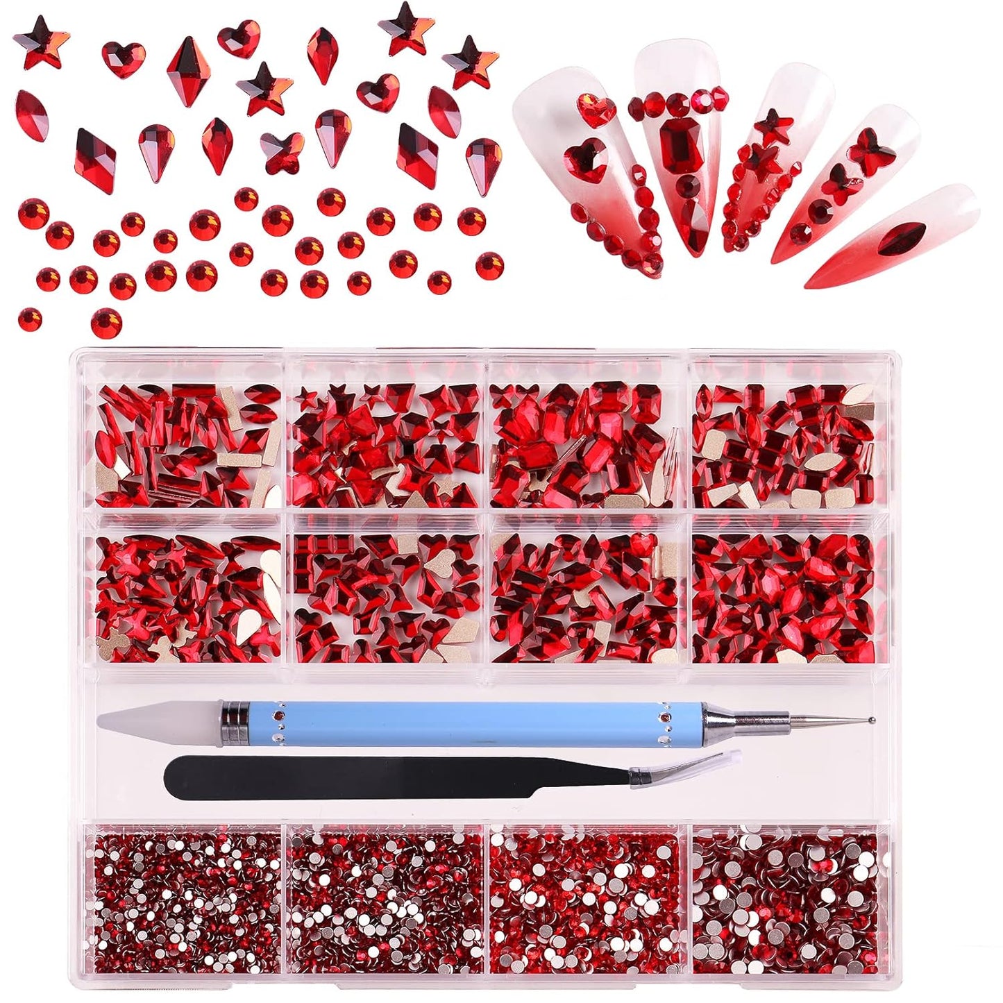 HOINCO 3320Pcs Multi-Shaped Crystal Red Nail Rhinestones & Gems for DIY Nail Art