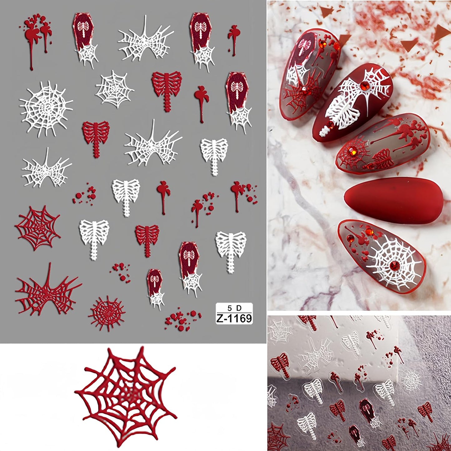 Halloween Nail Art Stickers Skull Ghost 5D Exquisite Embossed Self-Adhesive Nail Decals Scary White Skull Red White Spider Web Designs Nail Decals for Women Girls DIY Nail Decoration 3Sheets