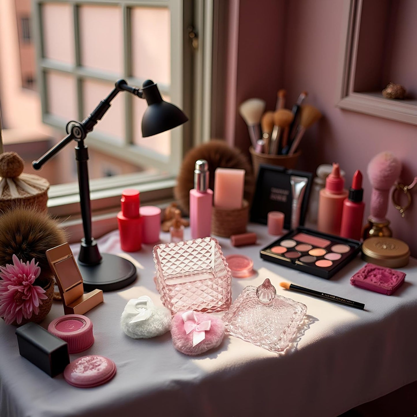 Body Powder Puff and Container - Glass Dusting Powder Container with 2 Soft Puffs Vintage Powder Puff Case for Women & Girls (3.93x3.93x5.9 H in)-GRB009-Pink