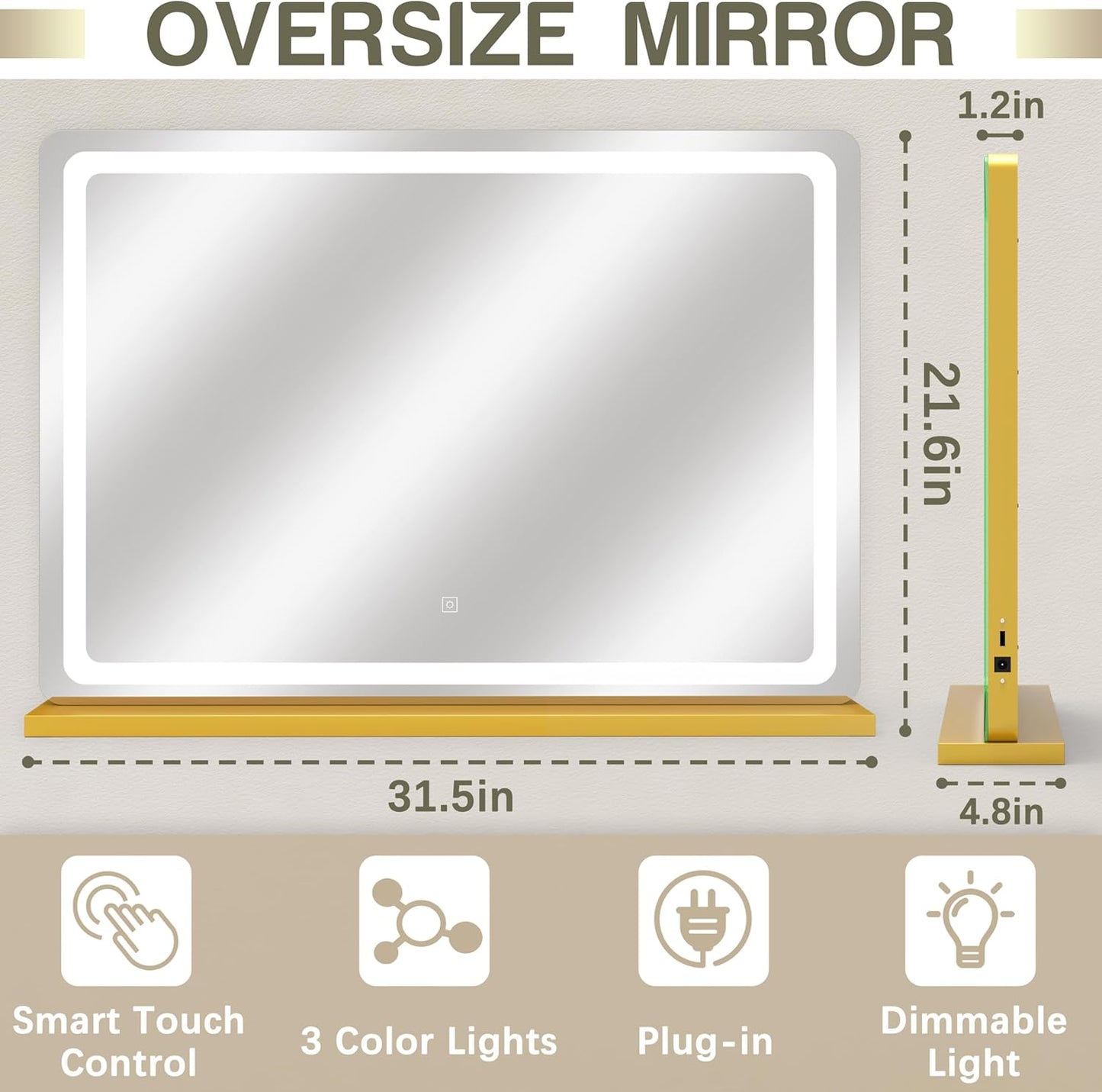 Gold Vanity Mirror with Lights, 32" x 22" Large Lighted Vanity Mirror with Dimmable 3 Modes, LED Makeup Mirror, USB Charging Port, Tabletop or Wall-Mounted