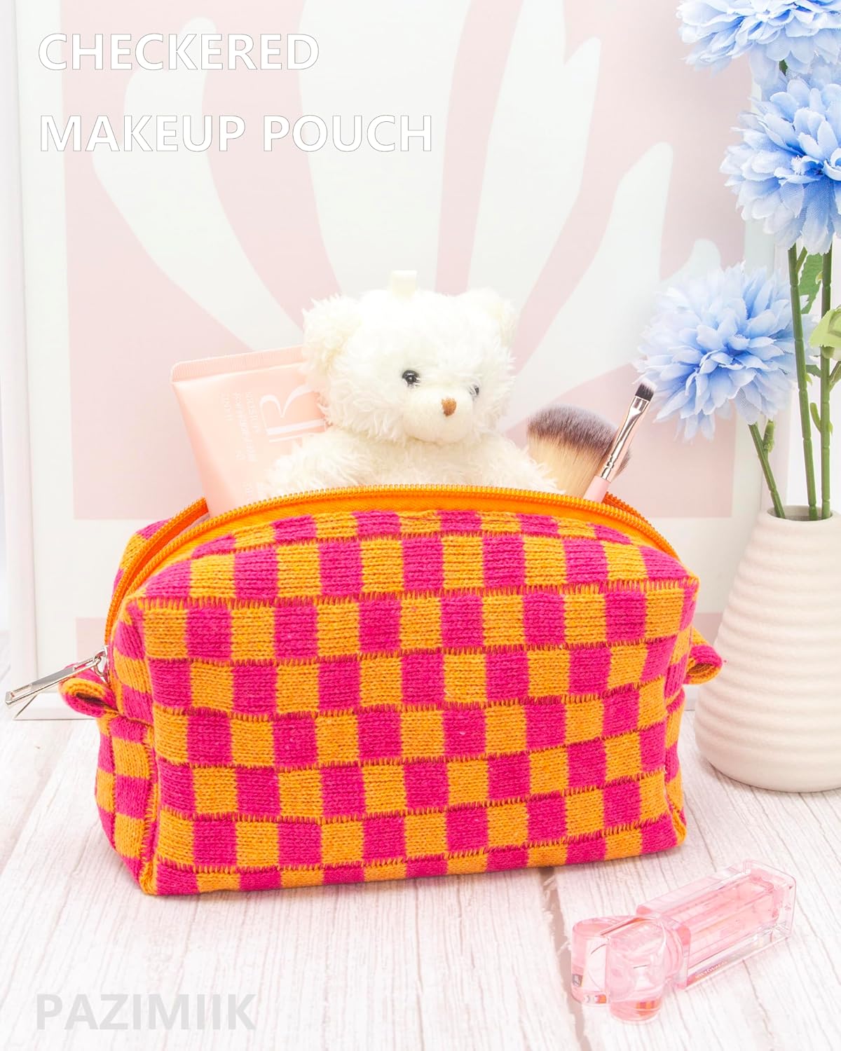 PAZIMIIK Checkered Makeup Bag for Purse Portable Zipper Make Up Pouch Small Cosmetic Case for Travel Red Orange