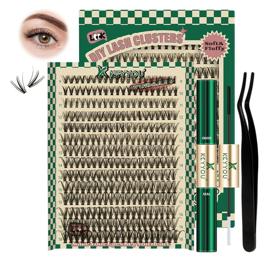DIY Lash Extension Kit 280pcs Individual Lashes D Curl Eyelash Extension Kit KEYYOU 30D 9-18Mix Lash Clusters with Lash Bond and Seal and Lash Applicator for DIY at Home(KIT-30D-0.07D-9-18Mix)
