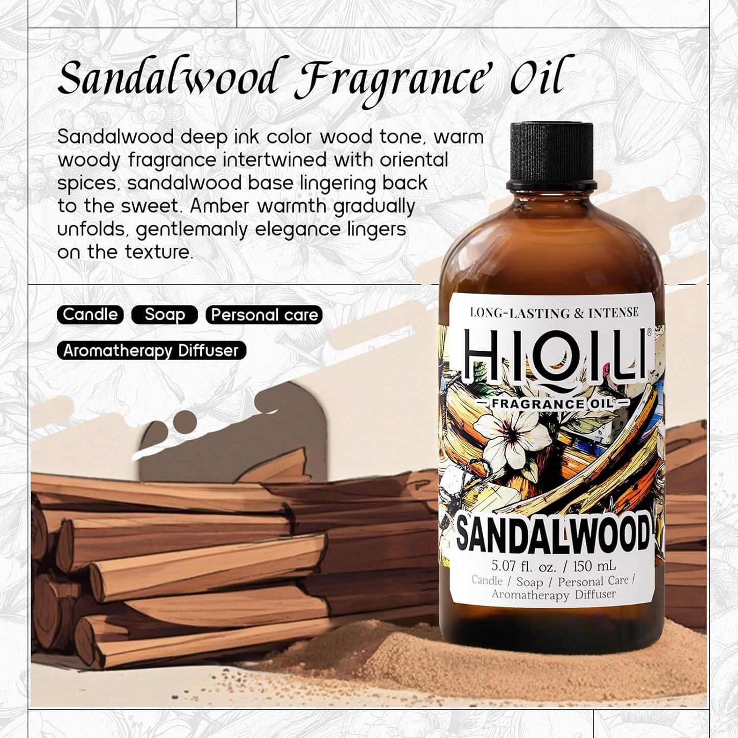 HIQILI Sandalwood Fragrance Oil for Home Diffuser, Luxury Hotel Scent, Perfect for DIY Candle & Soap Making, Add to Body Lotion - 5.07 Fl Oz