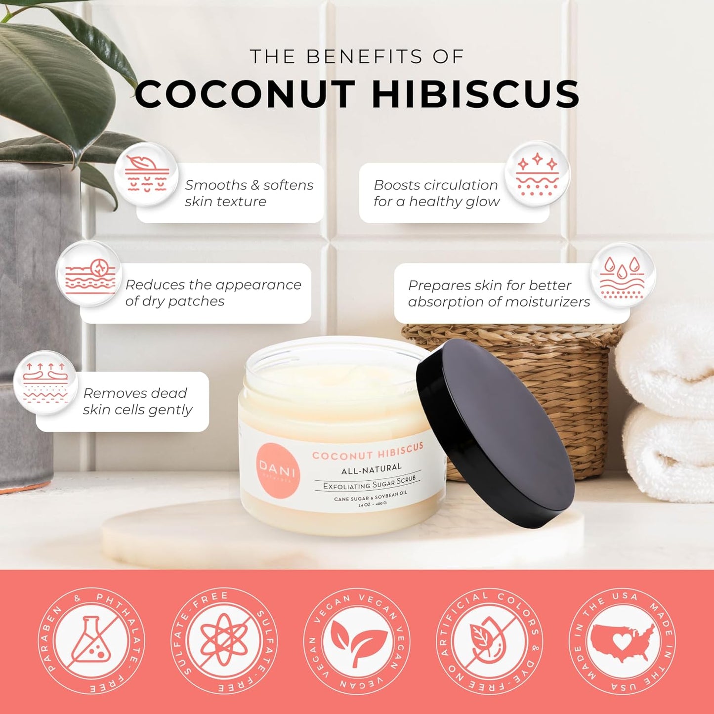 Naturals Exfoliating Sugar Scrub - Coconut Hibiscus, made with organic cane sugar and shea butter, gently exfoliates and deeply hydrates for smooth, radiant skin – 14 oz