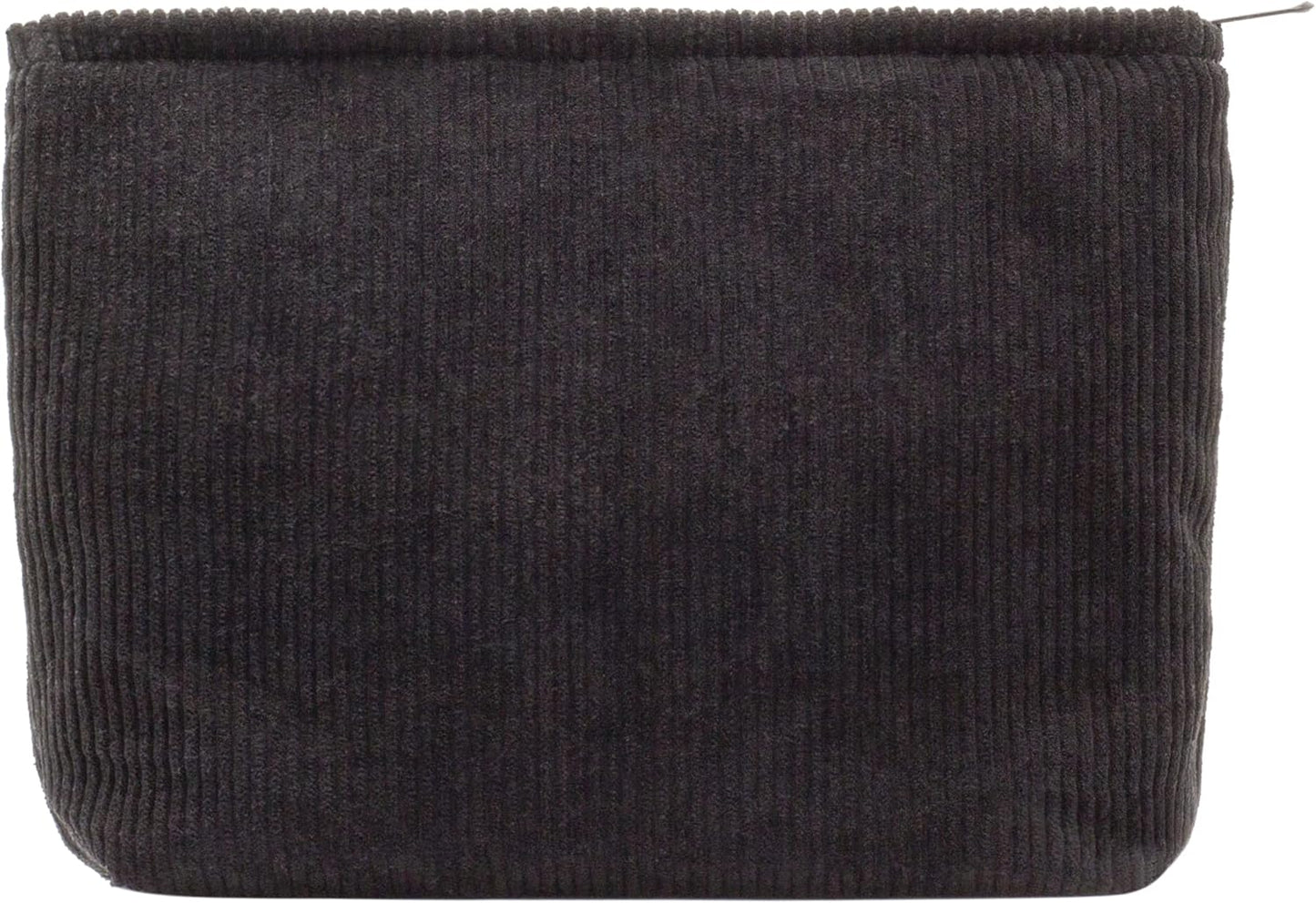 PAZIMIIK Makeup Bag Large Zipper Corduroy Make Up Pouch for Purse Travel Canvas Cosmetic Organizer for Women Brush Storage,Black