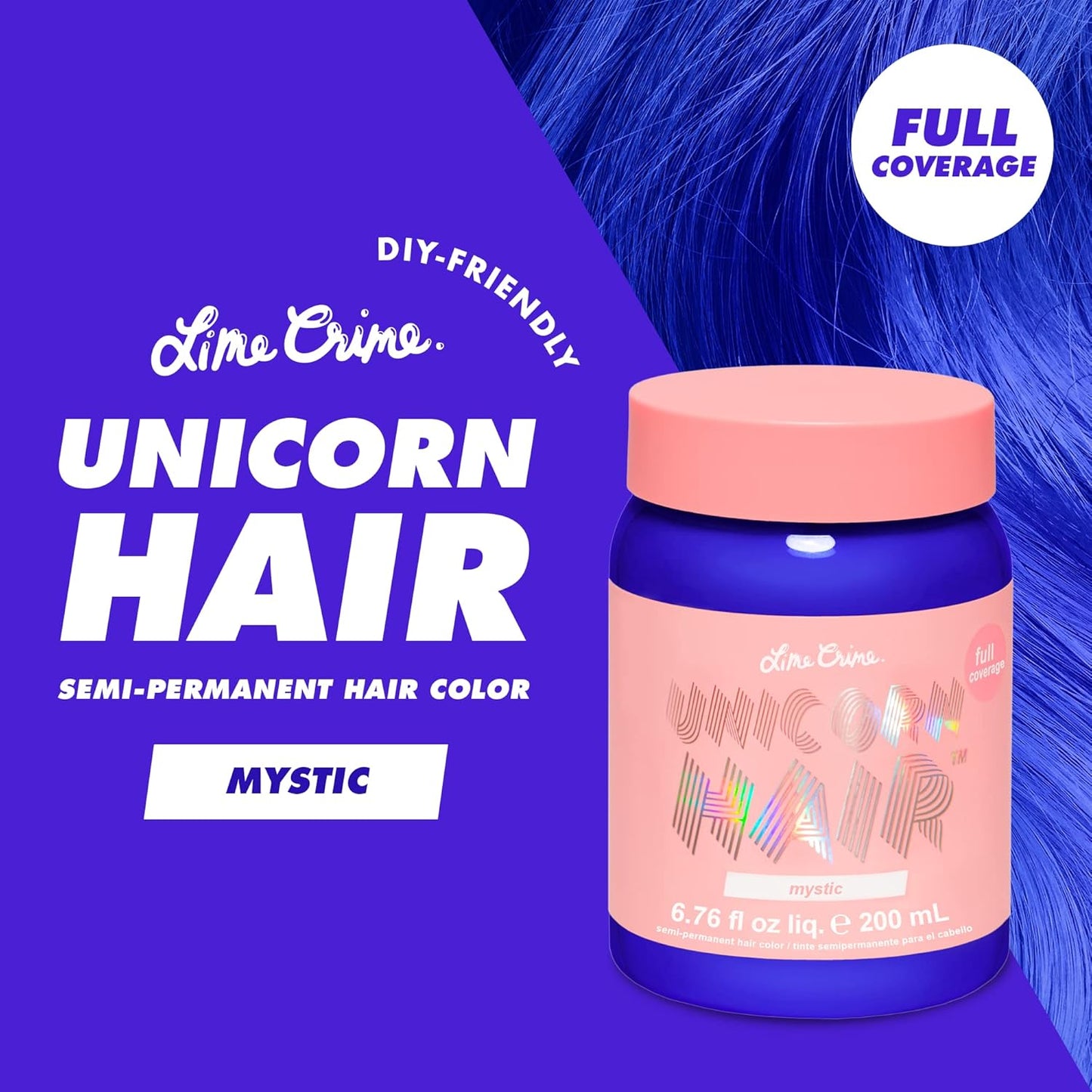 Lime Crime Unicorn Hair Dye Full Coverage, Mystic (Electric Blue) - Vegan and Cruelty Free Semi-Permanent Hair Color Conditions & Moisturizes - Temporary Blue Hair Dye With Sugary Citrus Vanilla Scent