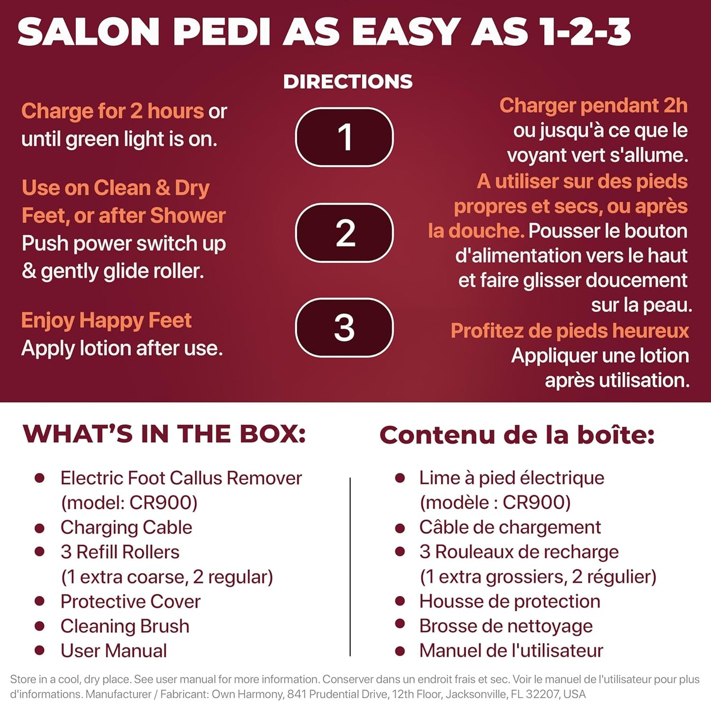 Rechargeable Callus Remover for Feet: Professional Electric Feet Sander for Women by Own Harmony - Electronic Foot File CR900 with 3 Rollers, Foot Grinder Pedi Care for Cracked Heels & Dry, Hard Skin