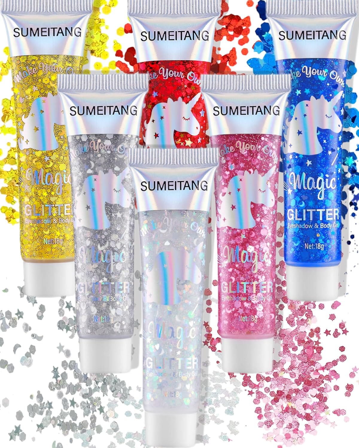 6Colors Face Body Glitter Gel，Holographic Chunky Sequins Body Glitter Paint for Party Singer Concerts Music Festival Rave Accessories for Girls Women Face Body Hair DIY Sparkling Makeup