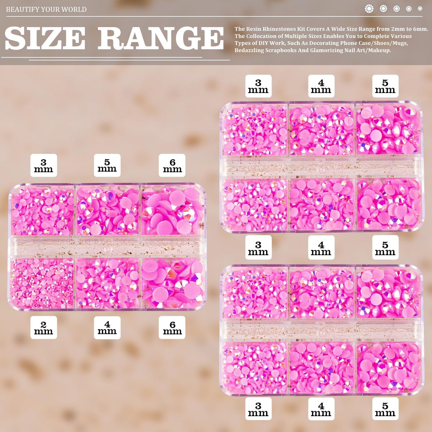 Resin Rhinestones Crafting, 2/3/4/5/6mm Flatback Jelly Rhinestones, 3 Box Pink AB Non Hotfix Crystal Gems for Bedazzling Crafts Mugs Tumblers Clothes Makeup Nail