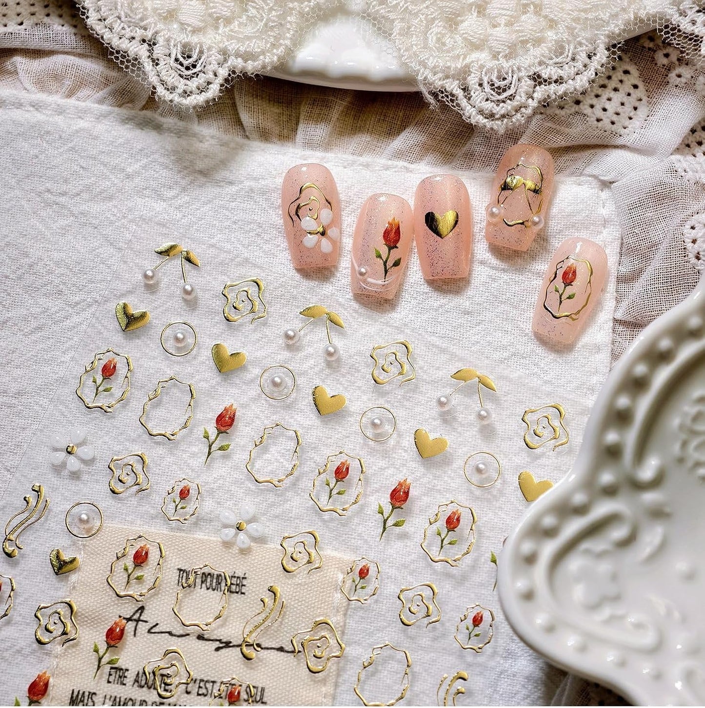 Gold Nail Stickers Flower Nail Decals for Nails Art Tulip Nail Art Stickers with Design Heart Nails Art Decals Self Adhesive Sticker for Women Girls Kid Manicure Charms Supply Accessories