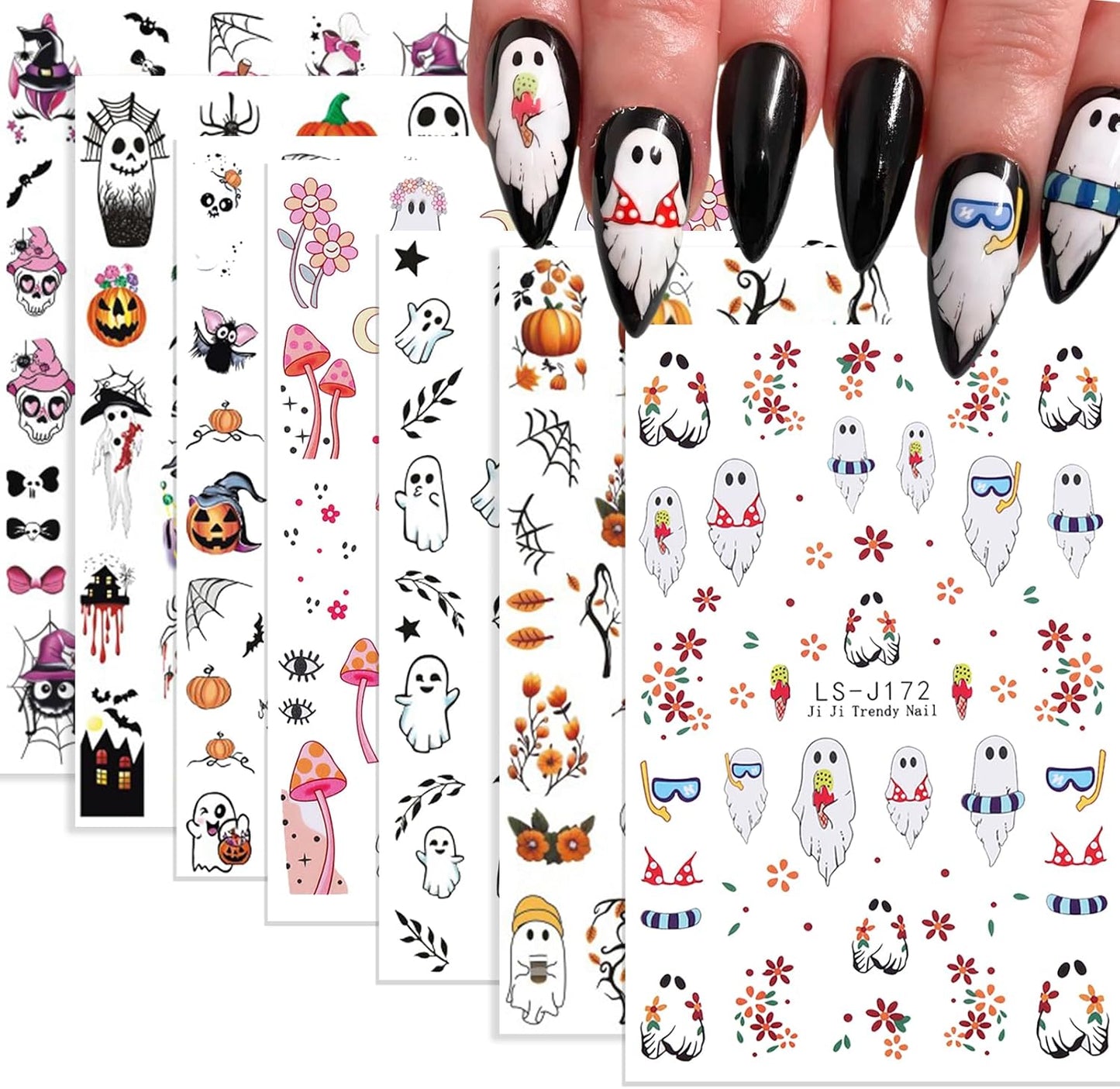 Halloween Nail Stickers Fall Nail Decals Ghost Pumpkin Floral Mushroom Designs Autumn Stickers DIY Nail Art Decoration Holiday Nails Art Supplies 7Pcs