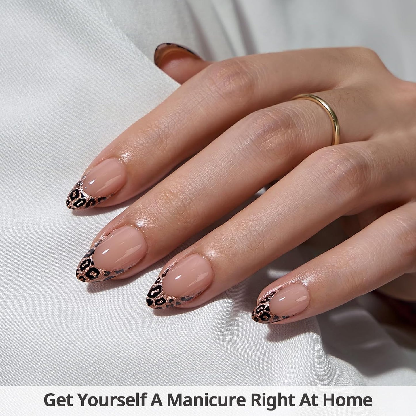 BTArtbox Press On Nails Short - Lamp-Curable Leopard French Tip Almond Press On Nails with Glue for Women, Semi-Transparent Soft Gel Glue On Nails in 16 Sizes - 32 Stick On Nails Kit, Wild Cheetah