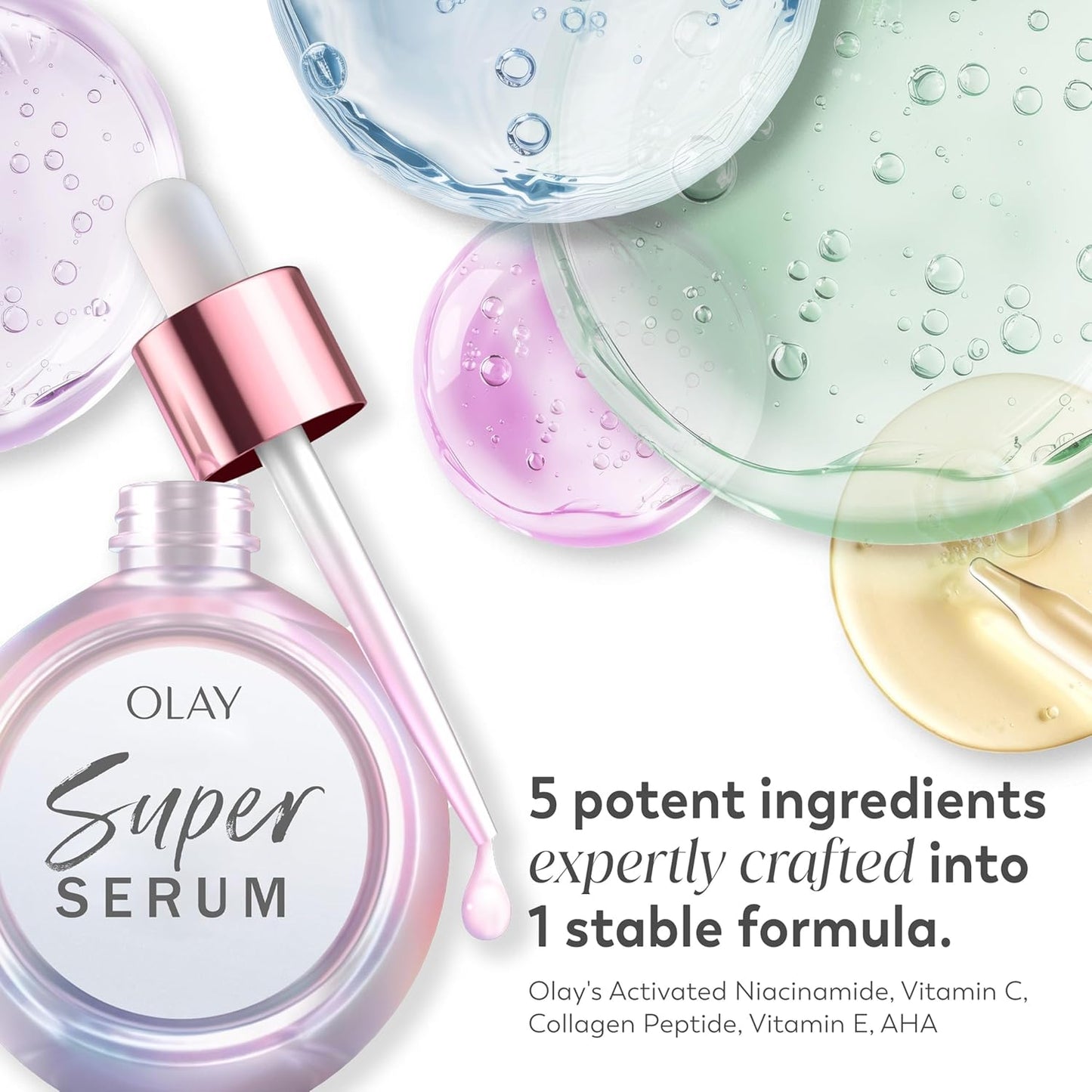 Olay Super Serum - Niacinamide, Vitamin C & E, Collagen Peptide, AHA - 5-in-1 Skin Care Benefits for Face - Healthy Glow, Brightening, Hydrating, Smoothing, Firming, Evens Tone, Anti-Aging, 1.0 Oz
