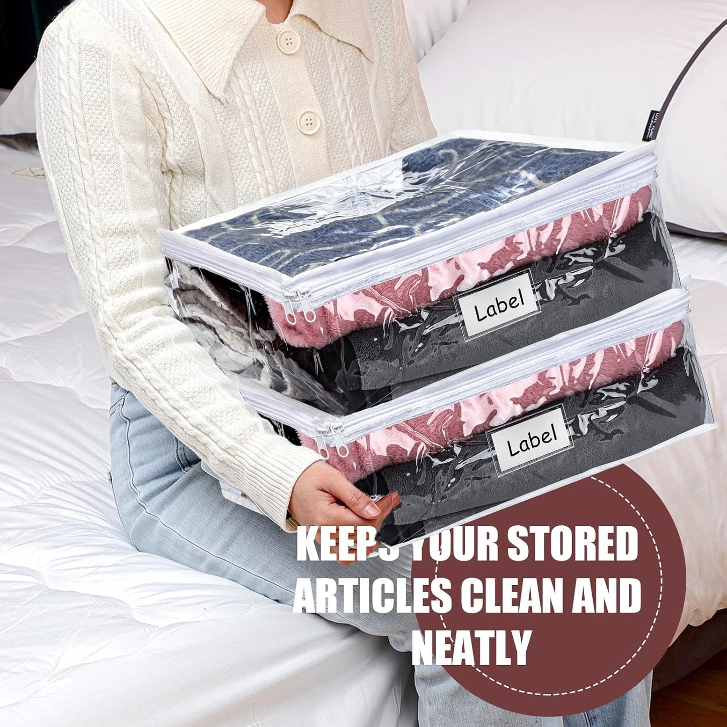 Hoolerry 6 Pieces Sweater Storage Bags Plastic Clear PVC Clothes Storage Bags with Zipper and Label for Blankets Clothes Closet Quilt Pillow Bed Sheet Organizer(23.6 x 19.7 x 9.8 Inch)