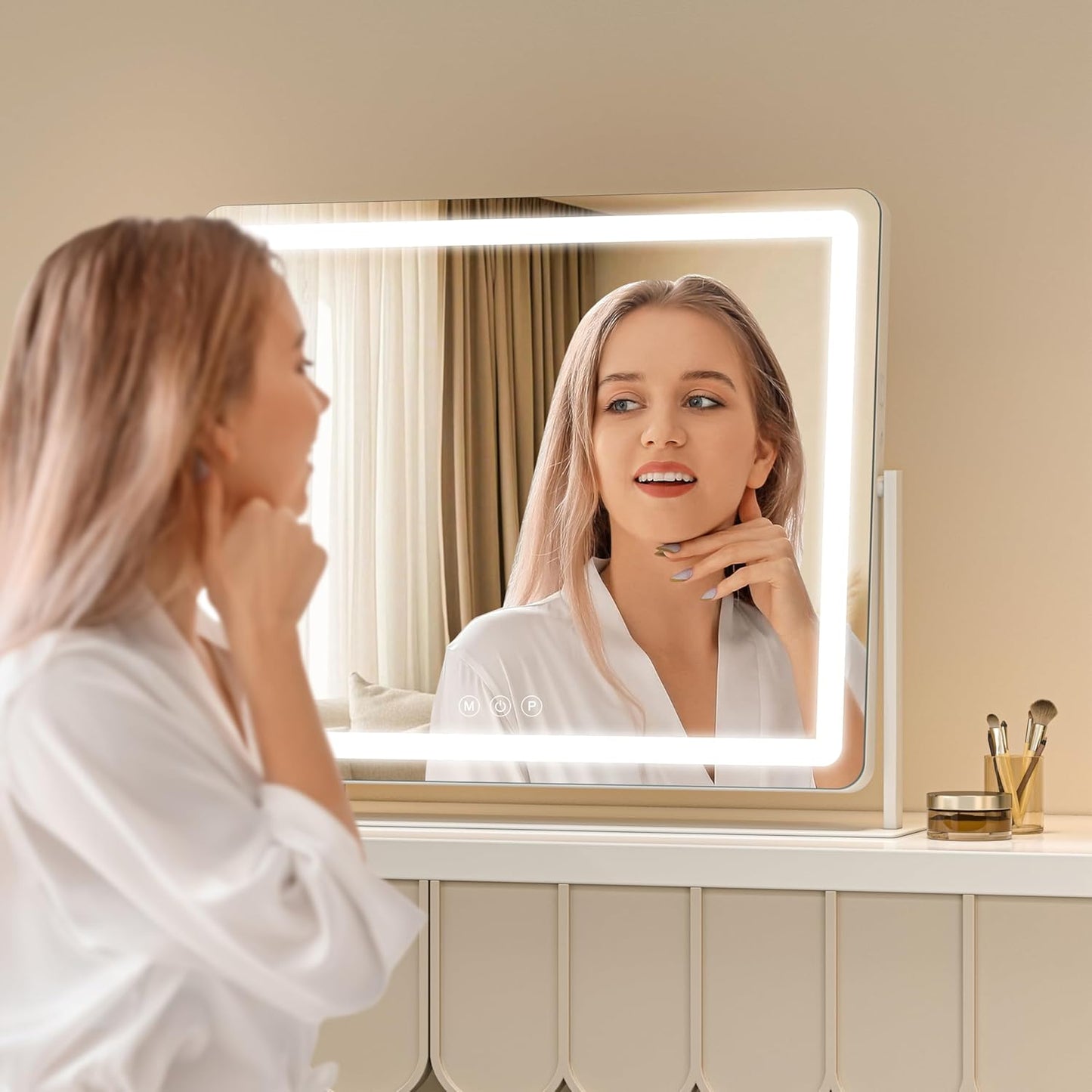 Vanity Mirror with Lights, 29.5'' x 22'' Lighted Makeup Mirror, Touch Screen with 3-Color Lighting, Dimmable for Vanity Desk Tabletop Round White