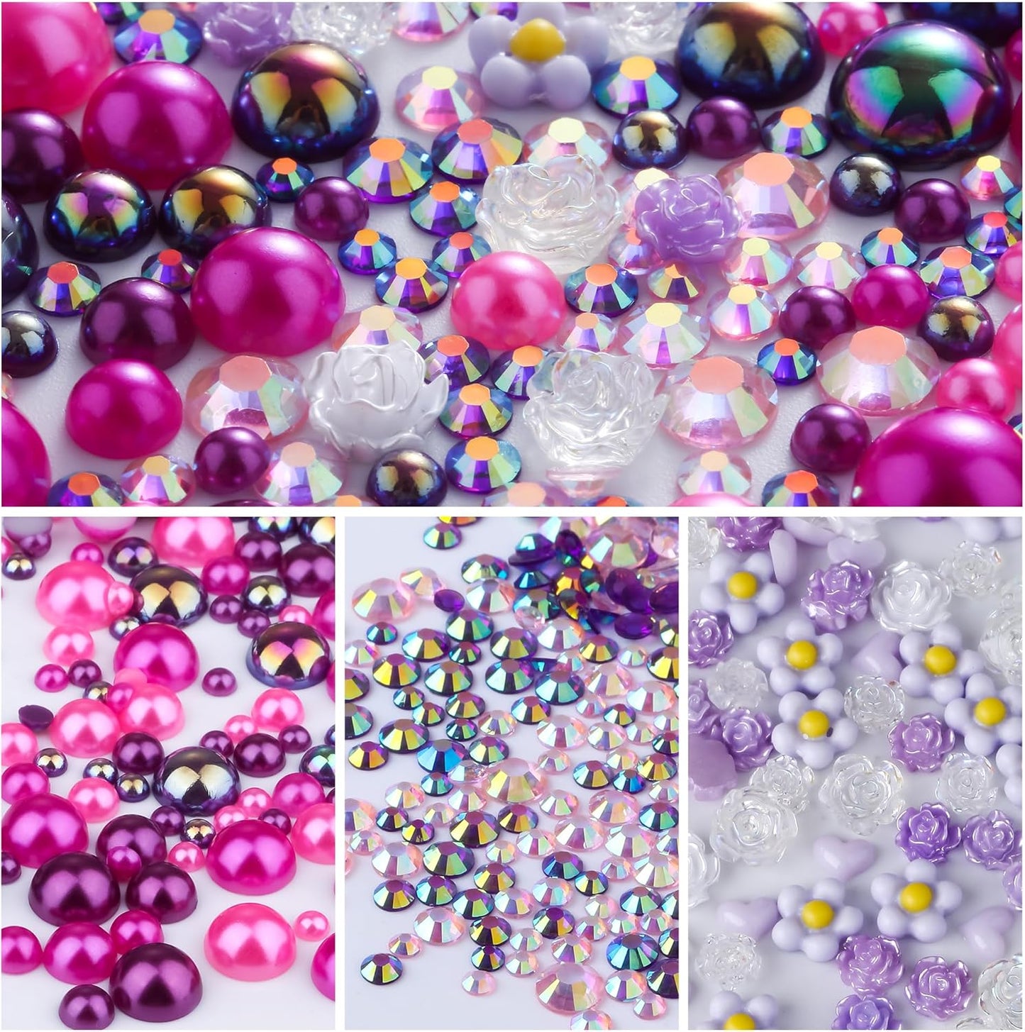 160g Pink Purple Flat Back Pearls Rhinestones for Crafts Mixed Size 3mm-10mm AB Color Round Half Pearls Flatback Pearl Beads and Resin Rhinestones Set for Face Art