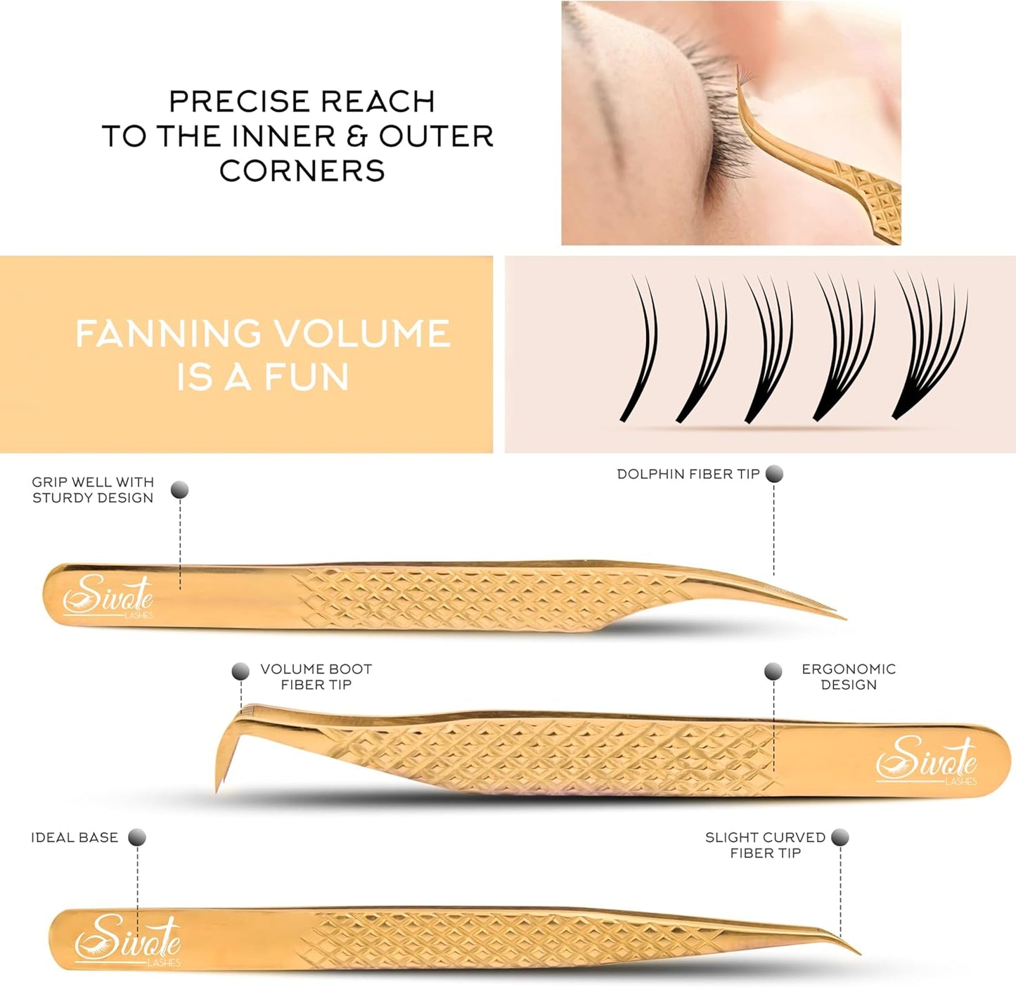 SIVOTE Eyelash Extension Tweezers Fiber Tips Japanese Steel, Set of 6, Curved, Dolphin, 90 Degree 45 Degree, Volume Boot & Slight Curved Tweezer, Gold