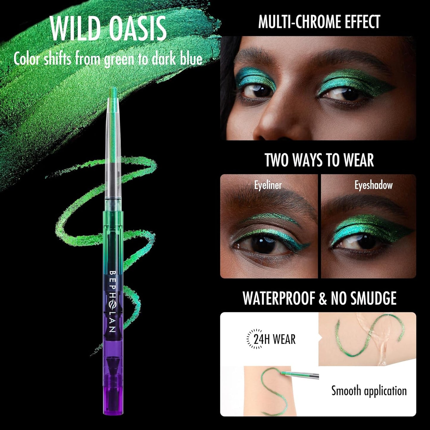 BEPHOLAN Chameleon Metallic Eyeliner - Shifting Colors Glitter Waterproof, 24h Long-Lasting Eyeliner Pen (WILD OASIS)