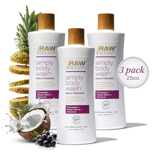 RAW SUGAR Simply Body Wash - Pineapple + Maqui Berry + Coconut, Moisturizing & Brightening Bath & Shower Gel, Sulfate-Free, Paraben-Free & Vegan (Pack of 3)