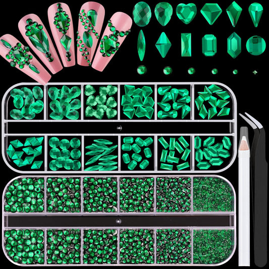 2680Pcs Emerald Green Glass Nail Rhinestones 120Pcs Multi Shapes Flatback Nail Gems + 2560Pcs 1.5-4mm Round Crystal, Manicure Nail Charms Diamond Gemstone for Acrylic Nails Decoration