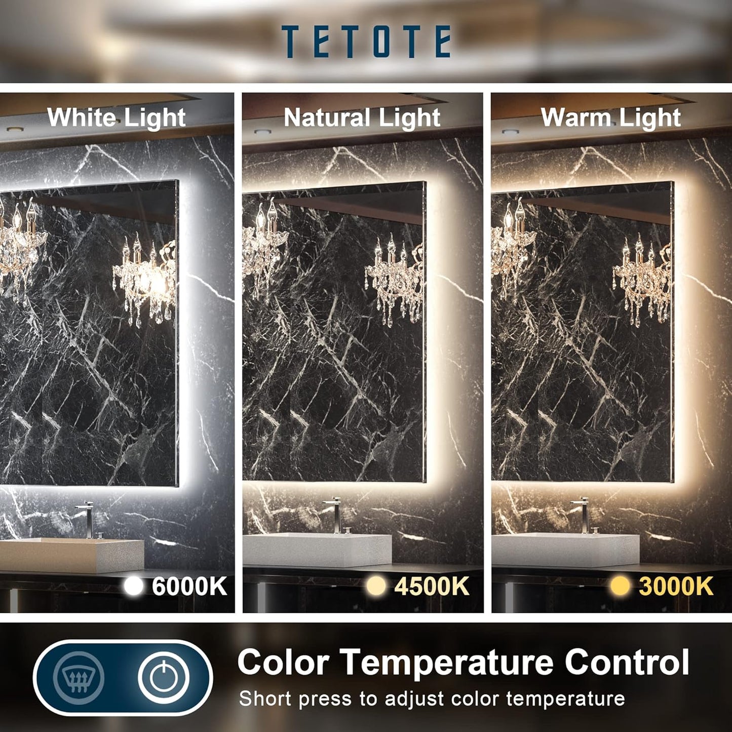 TETOTE 48 x 30 LED Backlit Bathroom Mirror with Light,3Color White/Warm/Natural,Anti-Fog Lighted Mirror,Dimmable,Vanity Mirror,Wall Mounted