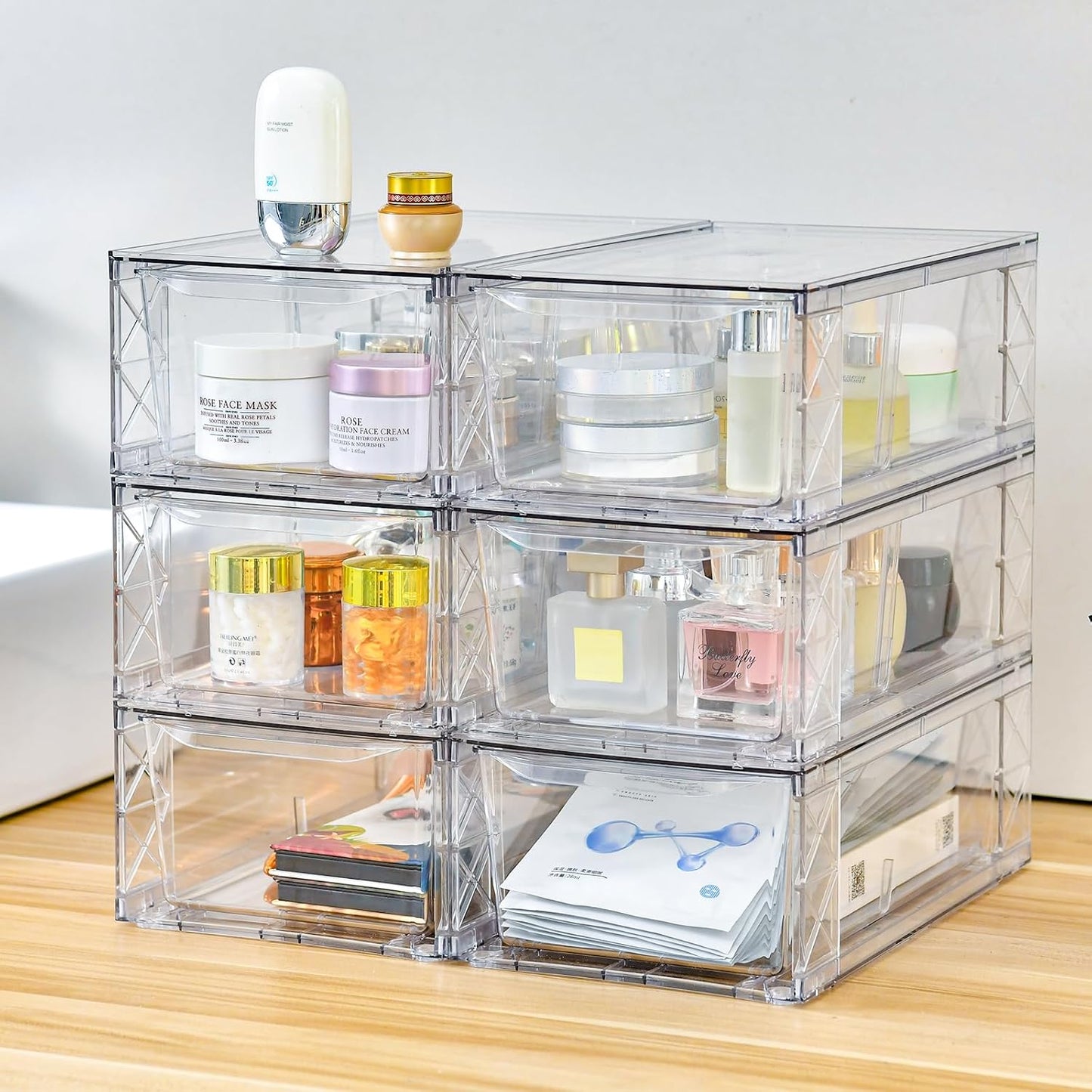 Plastic Drawers Storage, 6Pack Clear Stackable Storage Drawers, Acrylic Storage Bins with Drawers for Fridge Organizers, PlasticDrawers Stackable for Makeup Organizers Cosmetic Display, Medium