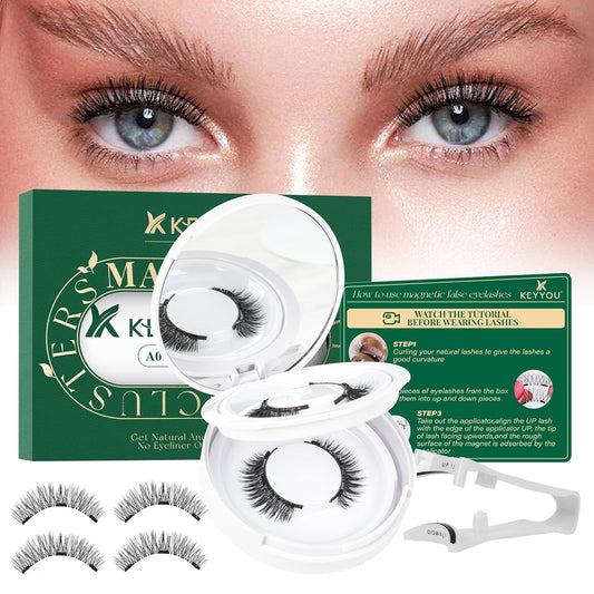 KEYYOU Reusable Magnetic Eyelashes 2 Pair with Applicator No Glue Needed 3D Natural Magnetic Lashes, Easy to Apply & Long Lasting for Daily Use & Events(A01+A01)