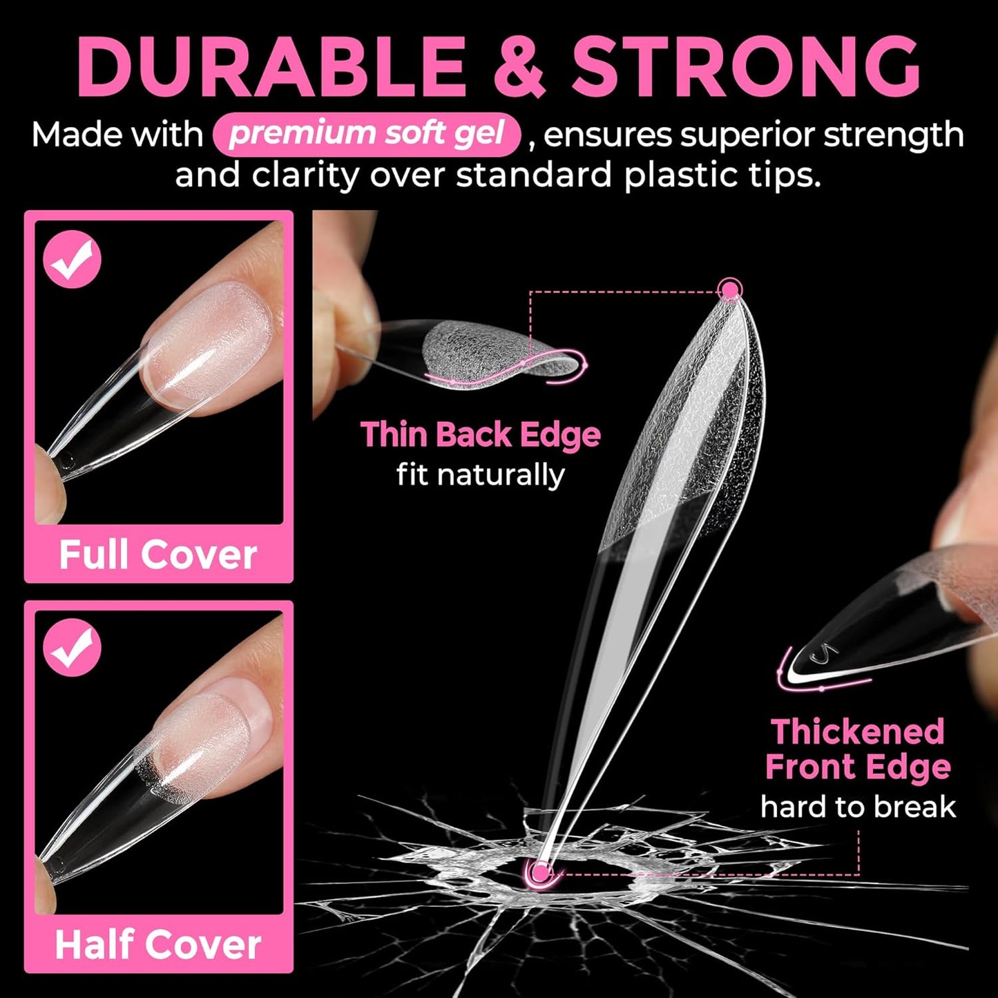 UNA GELLA Long Stiletto Gel Nail Tips: 216pcs Stiletto Almond Fake Nails Pre-Shape Long Almond Press Ons for Full Cover Acrylic French False Nails for Nail Extension Nail Art DIY Salon 12 Sizes