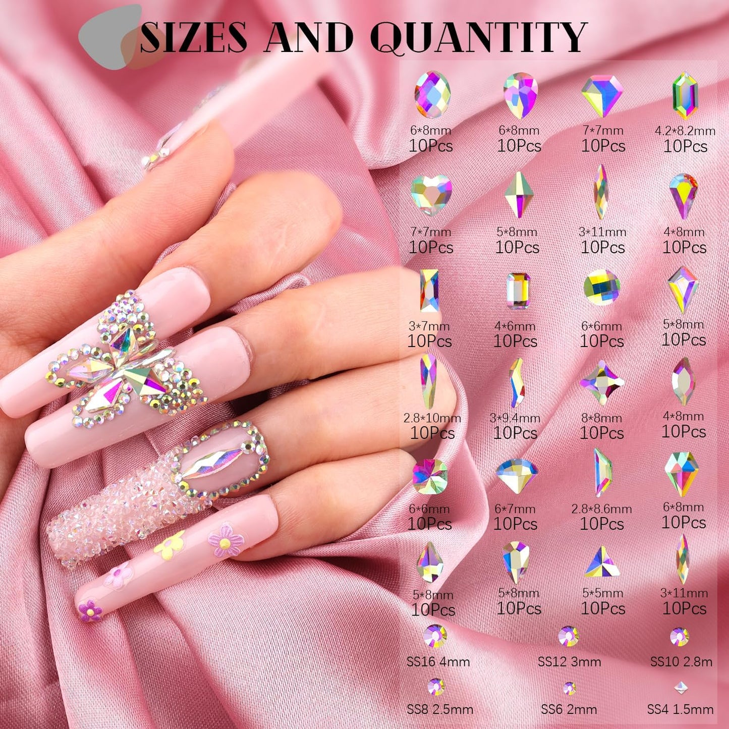 2750Pcs AB Glass Nail Rhinestones 240Pcs Multi Shapes Flatback Nail Gems + 2510Pcs 1.5-4mm Round Crystal, Manicure Nail Charms Diamond Gemstones for Acrylic Nails Decoration